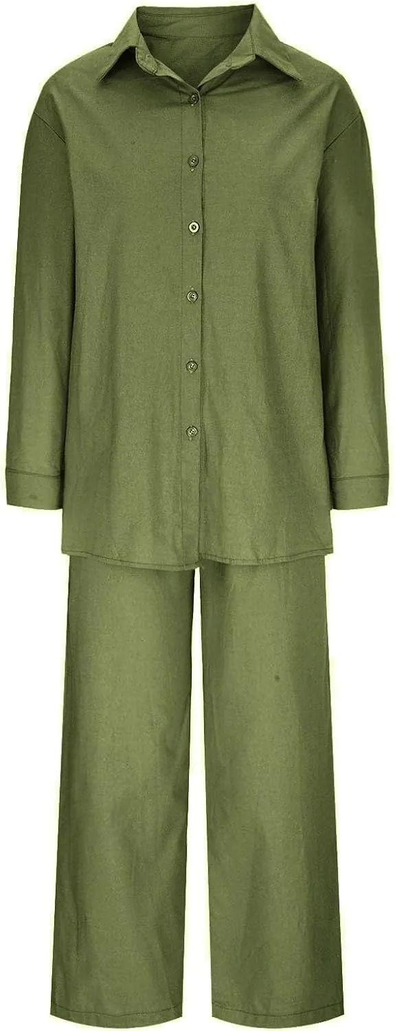 2 Piece Sets for Women Summer Long Sleeve Shirts & Wide Leg Trousers Loose Fit Dressy Cotton Linen Sets Outfits 2025
