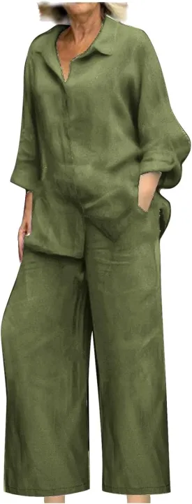 2 Piece Sets for Women Summer Long Sleeve Shirts & Wide Leg Trousers Loose Fit Dressy Cotton Linen Sets Outfits 2025