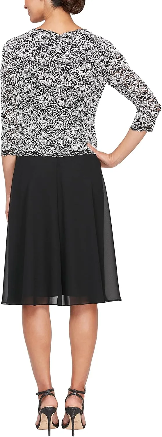 Alex Evenings Women's Tea Length Embroidered Bodice Mother of The Bride Gown, Wedding Guest Dress (Petite and Regular Sizes)