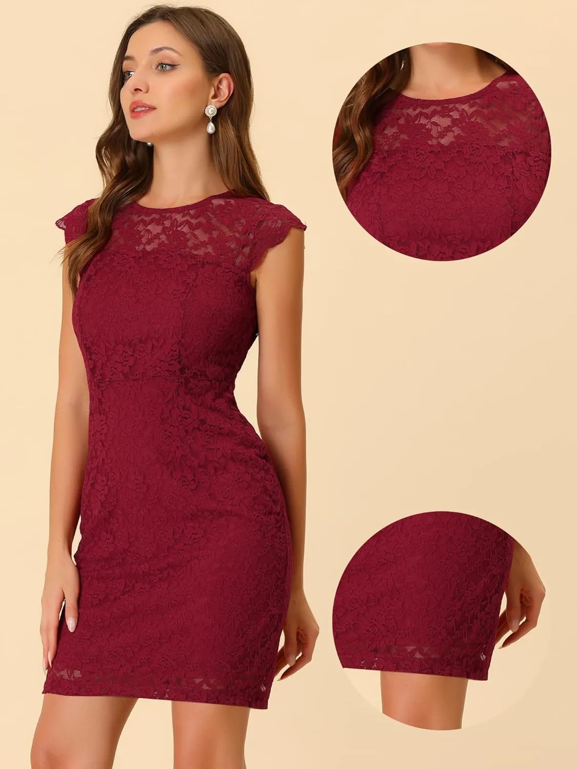 Allegra K Lace Dress for Women's Cap Sleeve Allover Floral Formal Stretch Knit Bodycon Dress