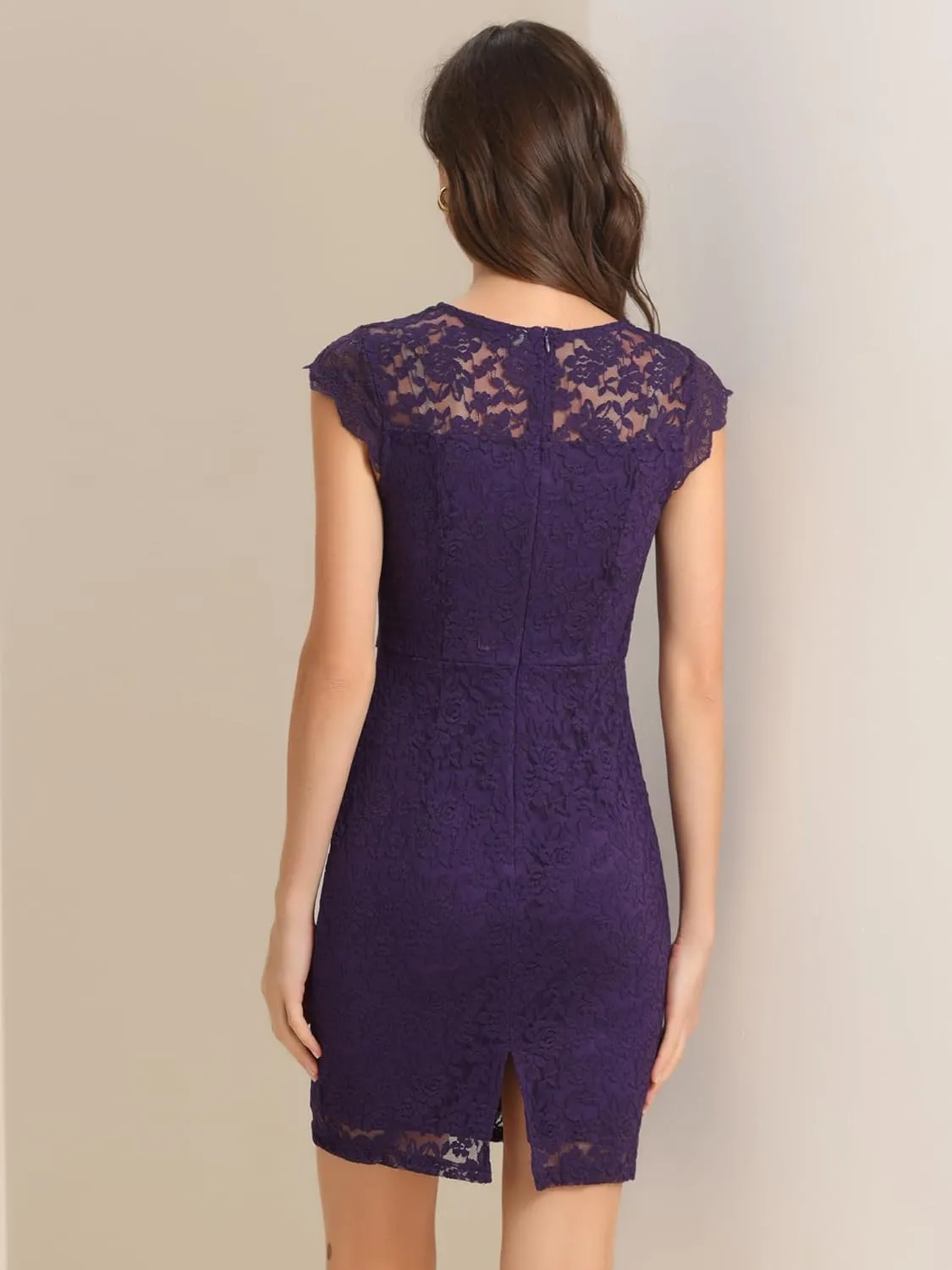 Allegra K Lace Dress for Women's Cap Sleeve Allover Floral Formal Stretch Knit Bodycon Dress