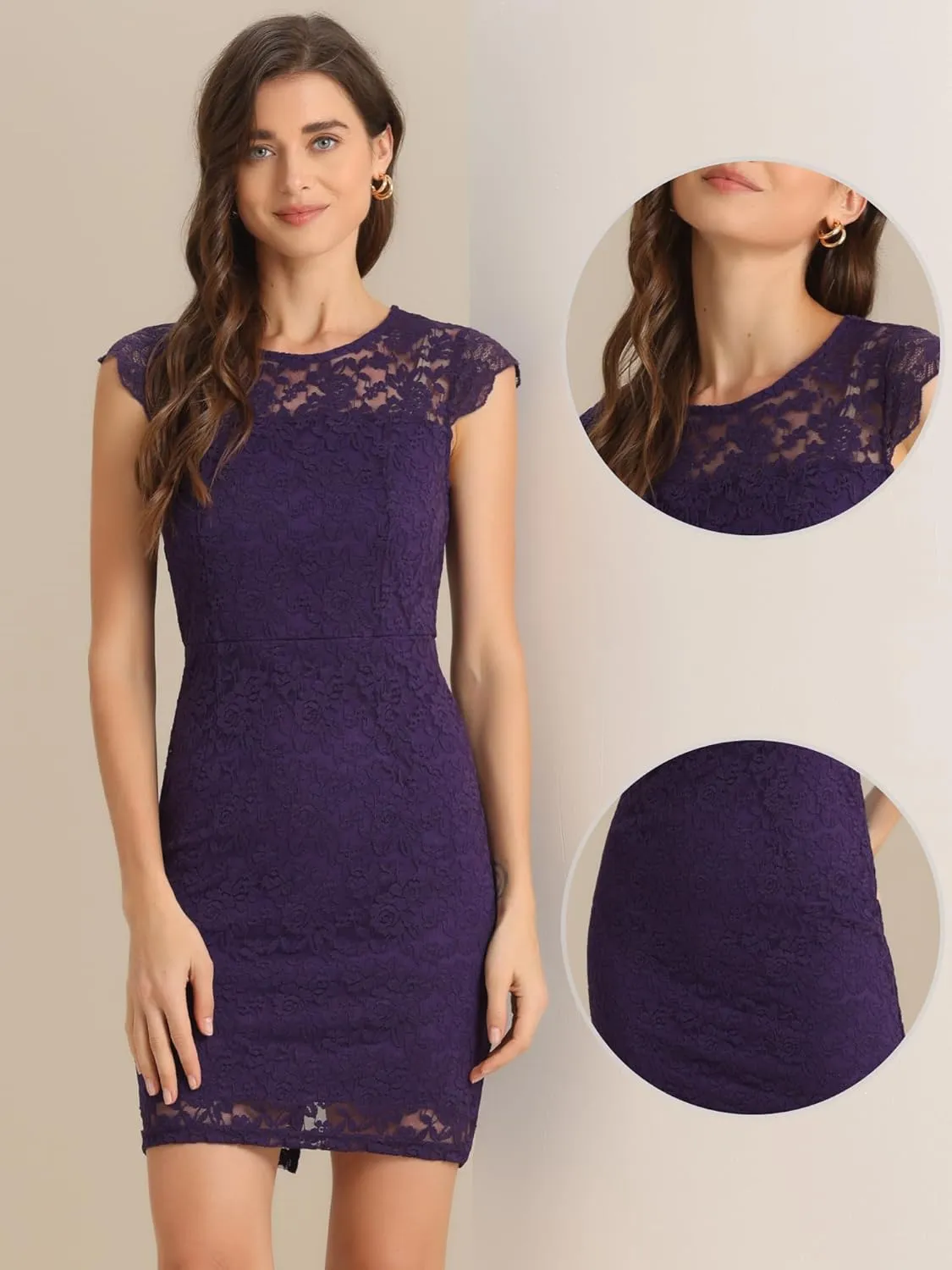 Allegra K Lace Dress for Women's Cap Sleeve Allover Floral Formal Stretch Knit Bodycon Dress