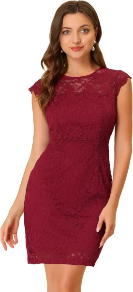 Allegra K Lace Dress for Women's Cap Sleeve Allover Floral Formal Stretch Knit Bodycon Dress