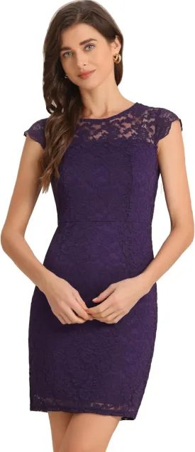 Allegra K Lace Dress for Women's Cap Sleeve Allover Floral Formal Stretch Knit Bodycon Dress