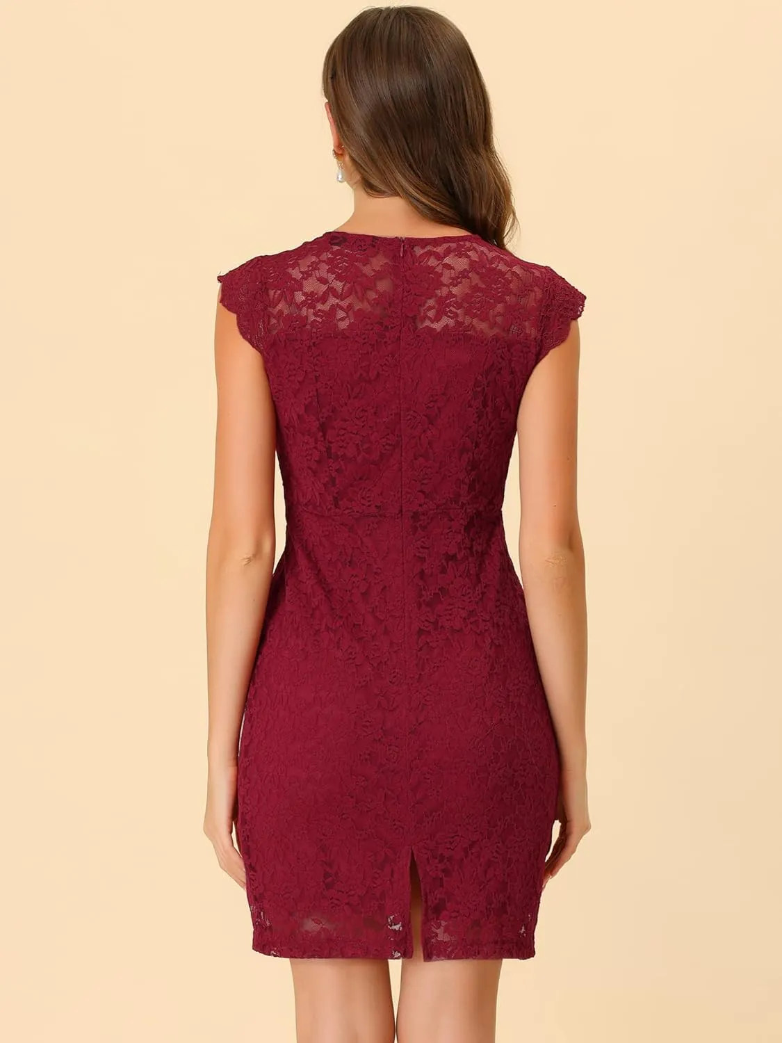Allegra K Lace Dress for Women's Cap Sleeve Allover Floral Formal Stretch Knit Bodycon Dress