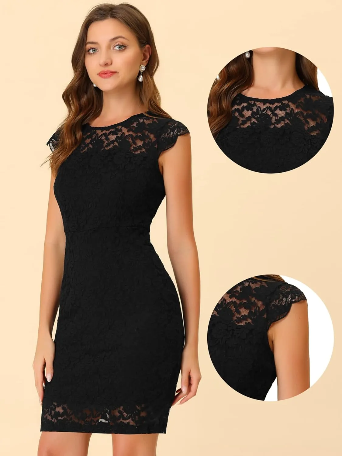 Allegra K Lace Dress for Women's Cap Sleeve Allover Floral Formal Stretch Knit Bodycon Dress
