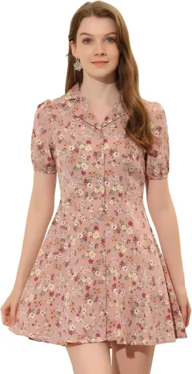 Allegra K Women's Button Up Short Sleeve A-Line Chiffon Vintage Floral Shirt Dress