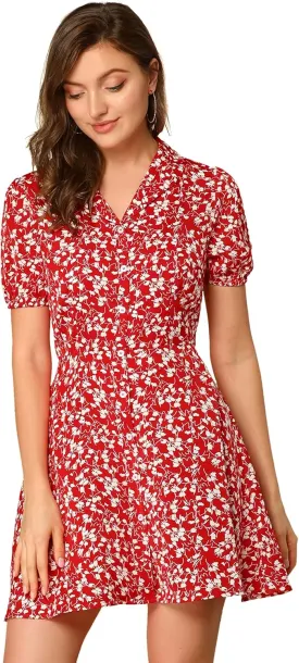 Allegra K Women's Button Up Short Sleeve A-Line Chiffon Vintage Floral Shirt Dress