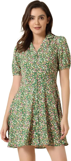 Allegra K Women's Button Up Short Sleeve A-Line Chiffon Vintage Floral Shirt Dress
