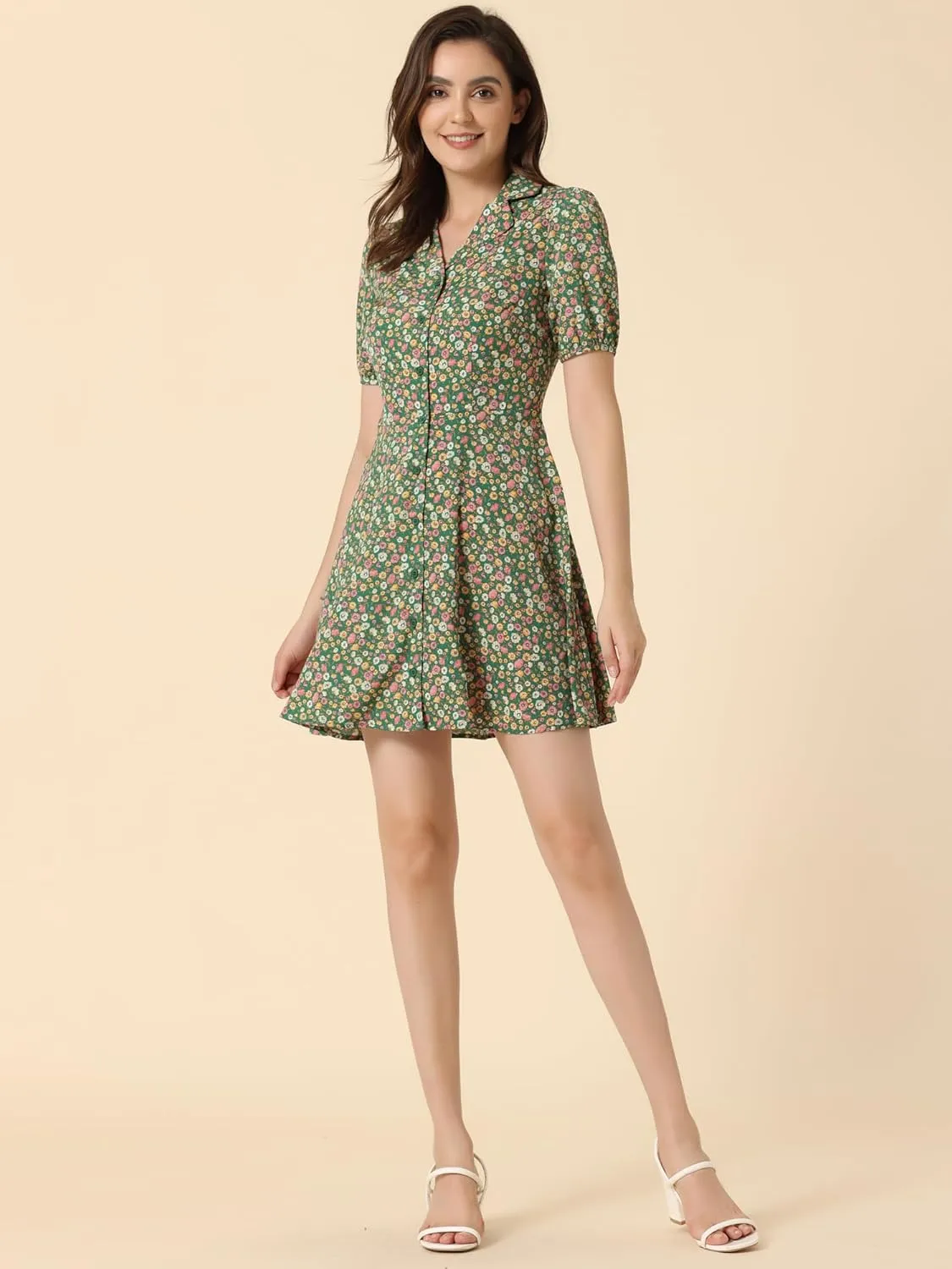 Allegra K Women's Button Up Short Sleeve A-Line Chiffon Vintage Floral Shirt Dress