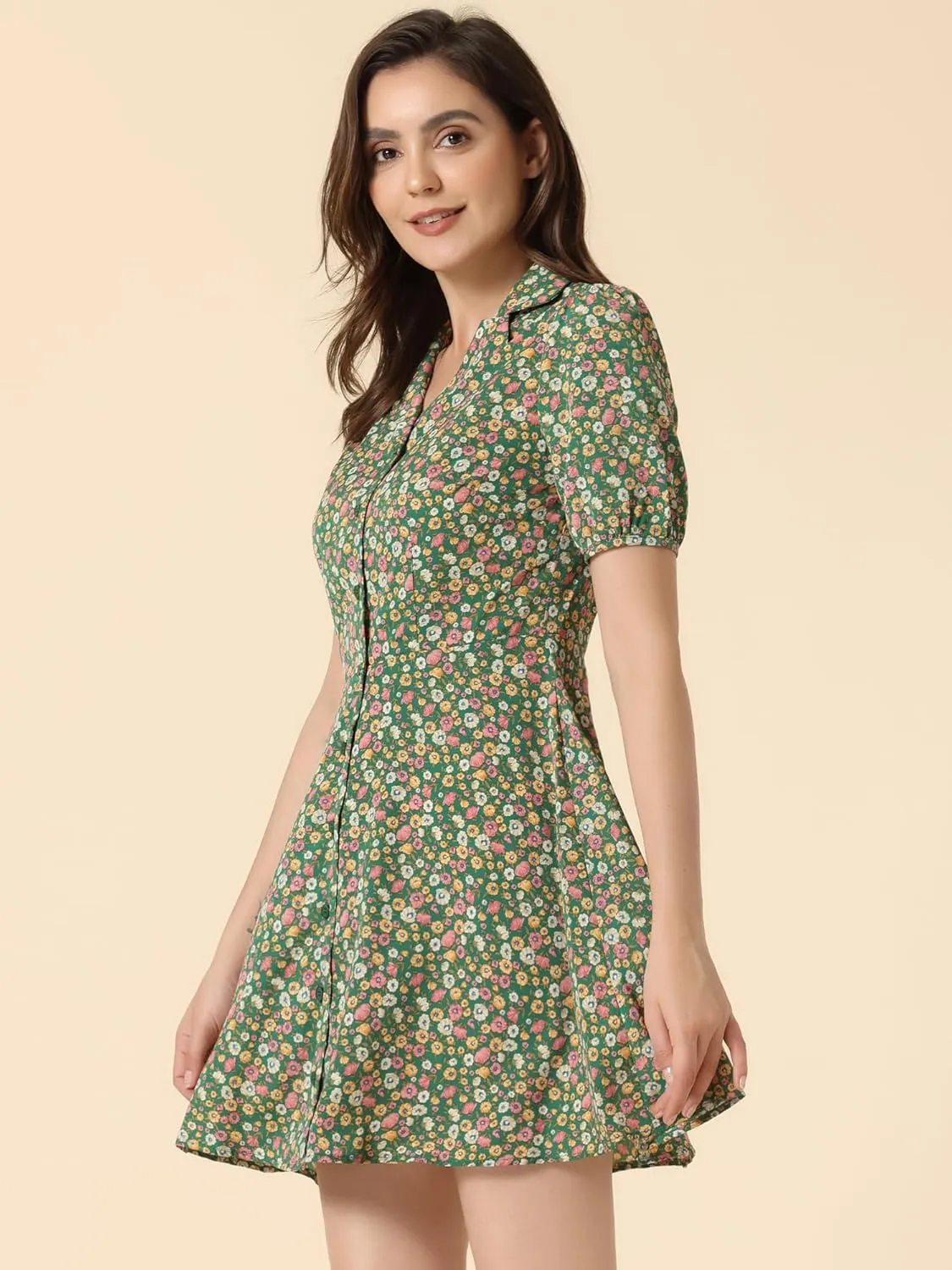 Allegra K Women's Button Up Short Sleeve A-Line Chiffon Vintage Floral Shirt Dress