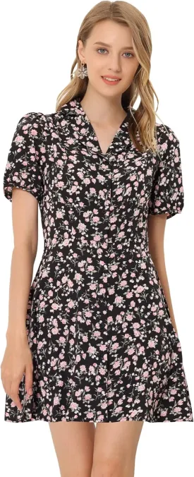 Allegra K Women's Button Up Short Sleeve A-Line Chiffon Vintage Floral Shirt Dress