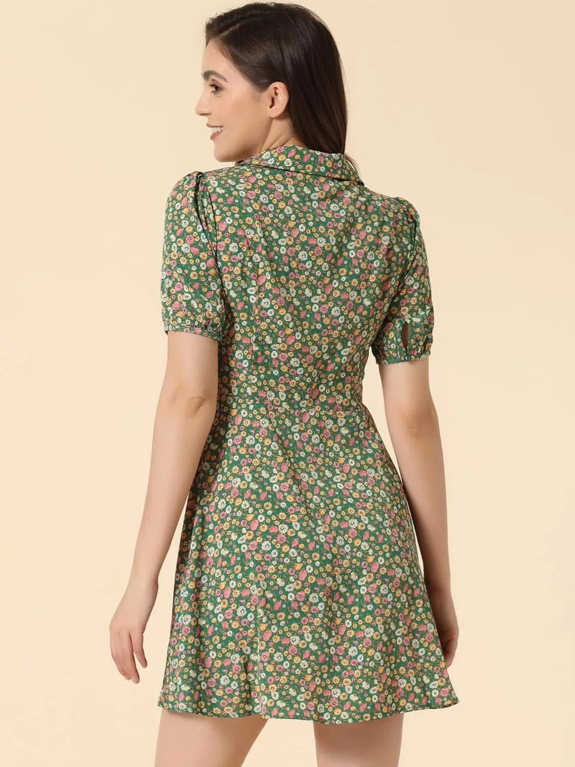 Allegra K Women's Button Up Short Sleeve A-Line Chiffon Vintage Floral Shirt Dress
