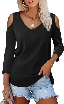 Amoretu Women's Long Sleeve Shirts Cold Shoulder Tops V Neck Blouse Tunic Shirts