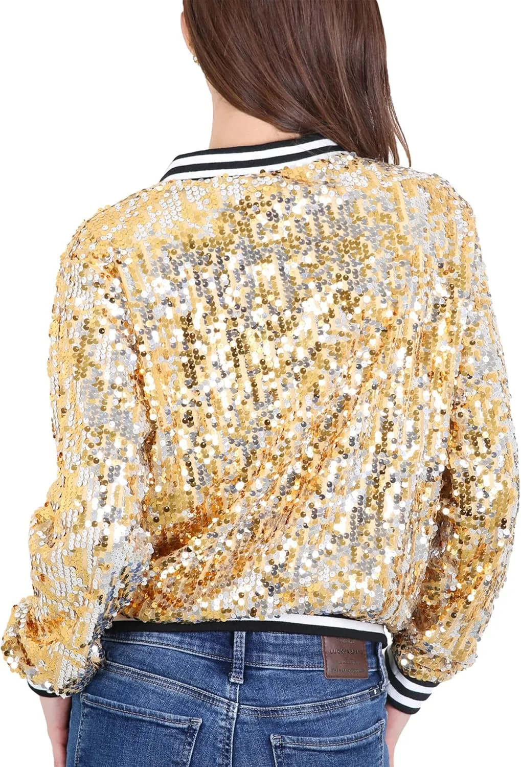 Anna-Kaci Womens Sequin Jacket Sparkle Long Sleeve Front Zip Casual Blazer Bomber Jacket With Pockets