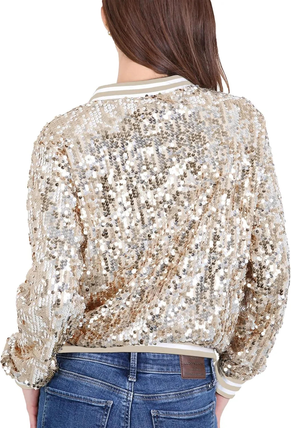 Anna-Kaci Womens Sequin Jacket Sparkle Long Sleeve Front Zip Casual Blazer Bomber Jacket With Pockets