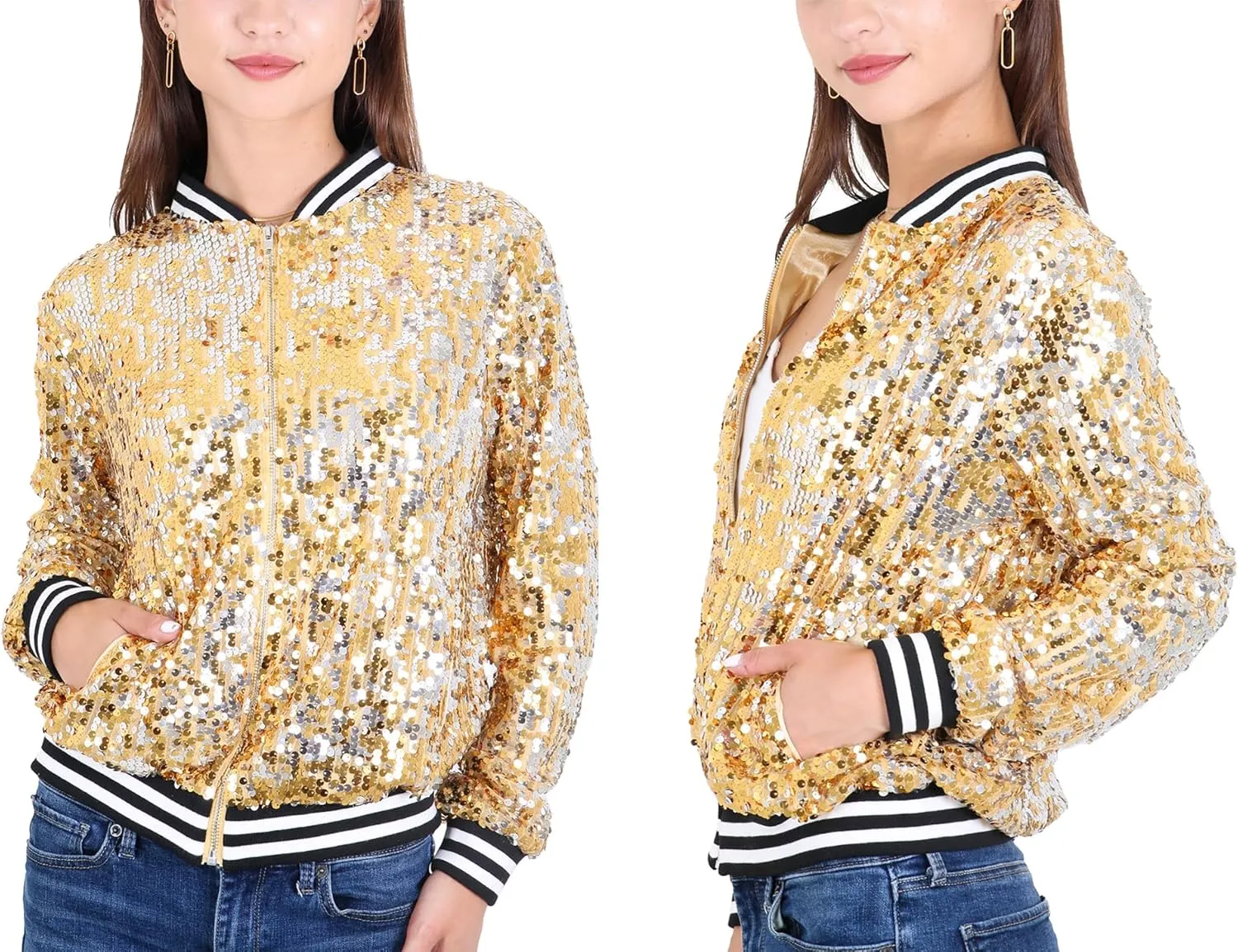 Anna-Kaci Womens Sequin Jacket Sparkle Long Sleeve Front Zip Casual Blazer Bomber Jacket With Pockets