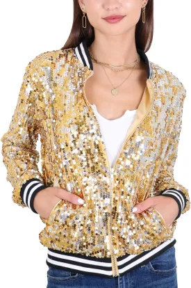 Anna-Kaci Womens Sequin Jacket Sparkle Long Sleeve Front Zip Casual Blazer Bomber Jacket With Pockets