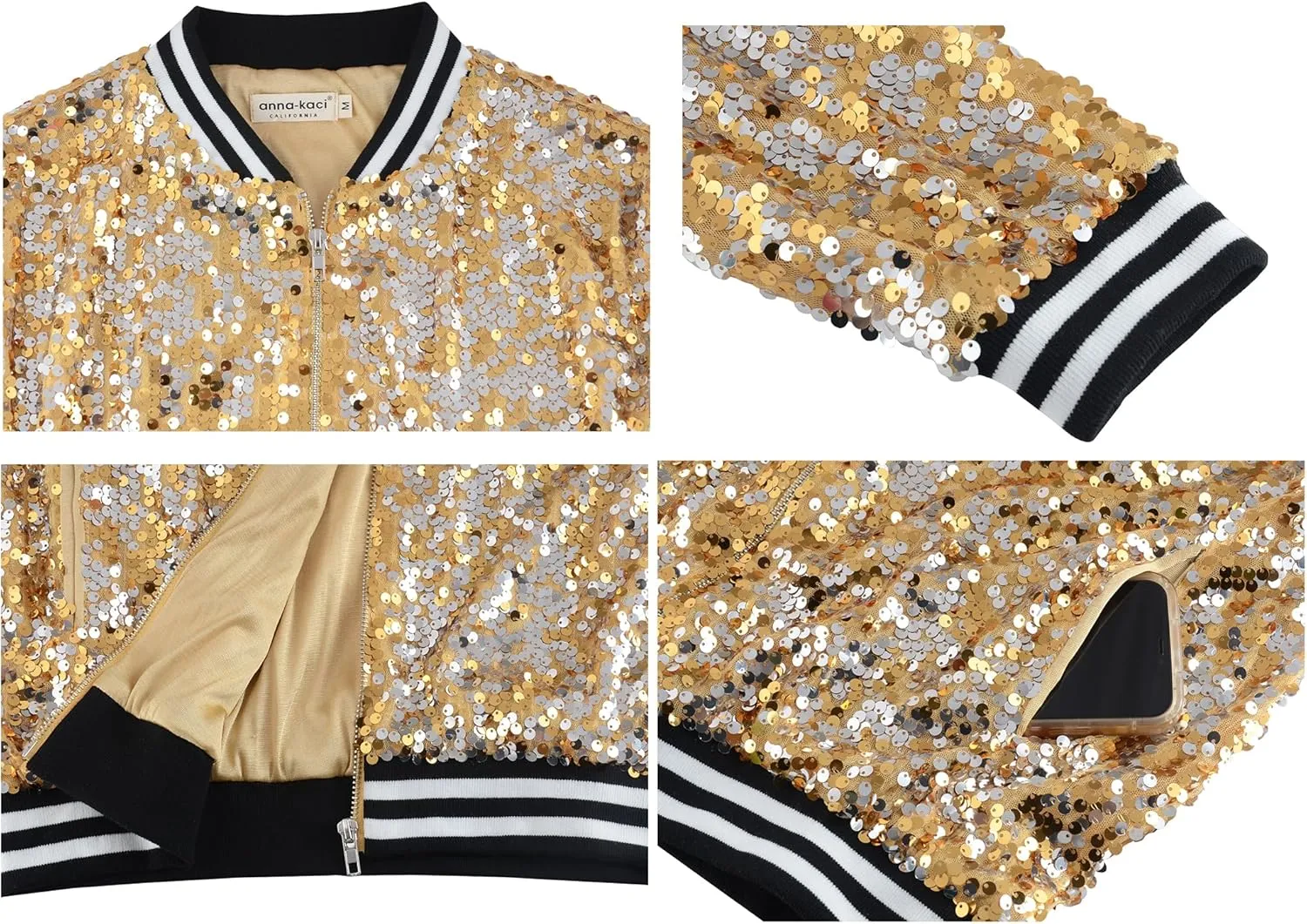 Anna-Kaci Womens Sequin Jacket Sparkle Long Sleeve Front Zip Casual Blazer Bomber Jacket With Pockets