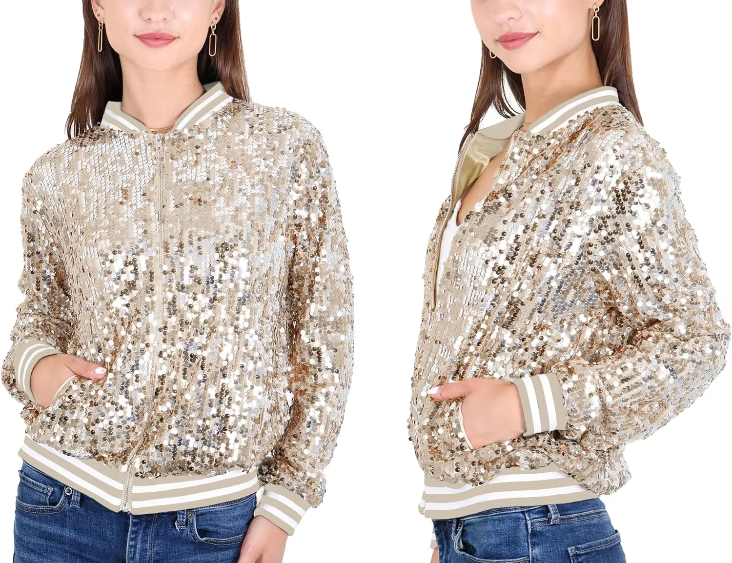 Anna-Kaci Womens Sequin Jacket Sparkle Long Sleeve Front Zip Casual Blazer Bomber Jacket With Pockets
