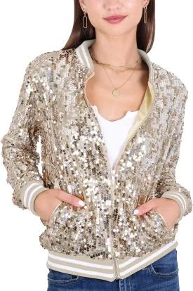 Anna-Kaci Womens Sequin Jacket Sparkle Long Sleeve Front Zip Casual Blazer Bomber Jacket With Pockets