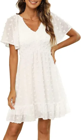 Annebouti Womens 2025 Spring Summer Mini Smocked Swiss Dot Dresses Short Sleeve Babydoll Casual Dress