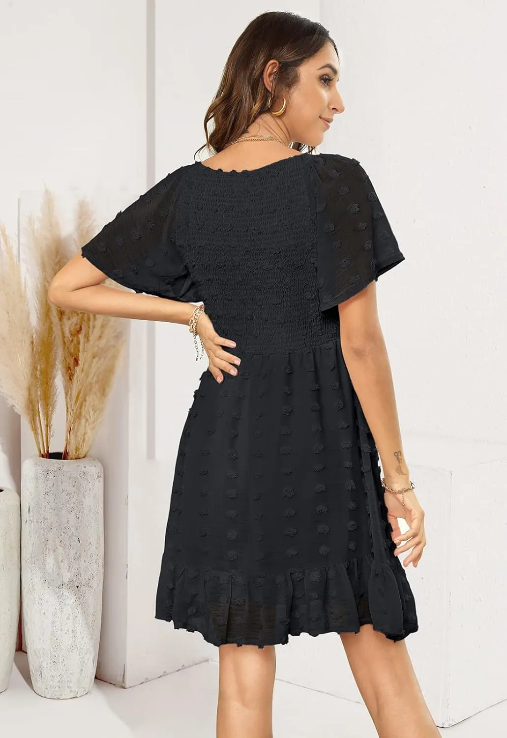 Annebouti Womens 2025 Spring Summer Mini Smocked Swiss Dot Dresses Short Sleeve Babydoll Casual Dress
