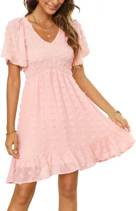 Annebouti Womens 2025 Spring Summer Mini Smocked Swiss Dot Dresses Short Sleeve Babydoll Casual Dress