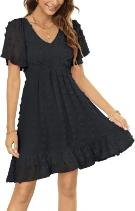 Annebouti Womens 2025 Spring Summer Mini Smocked Swiss Dot Dresses Short Sleeve Babydoll Casual Dress