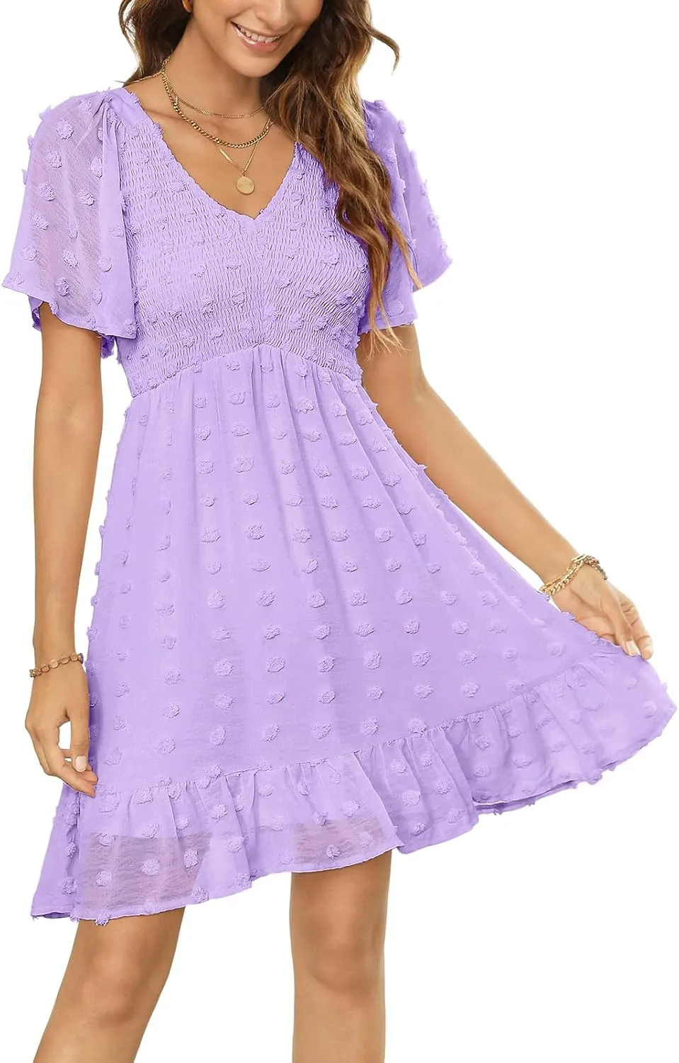 Annebouti Womens 2025 Spring Summer Mini Smocked Swiss Dot Dresses Short Sleeve Babydoll Casual Dress