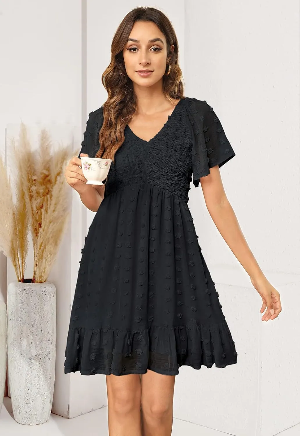 Annebouti Womens 2025 Spring Summer Mini Smocked Swiss Dot Dresses Short Sleeve Babydoll Casual Dress