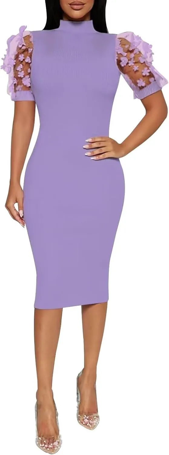 Annystore Women's Mesh See Through Sheer Dress Short Puff Sleeve Bodycon Dress Mock Neck Sexy Club Party Midi Dress Clubwear