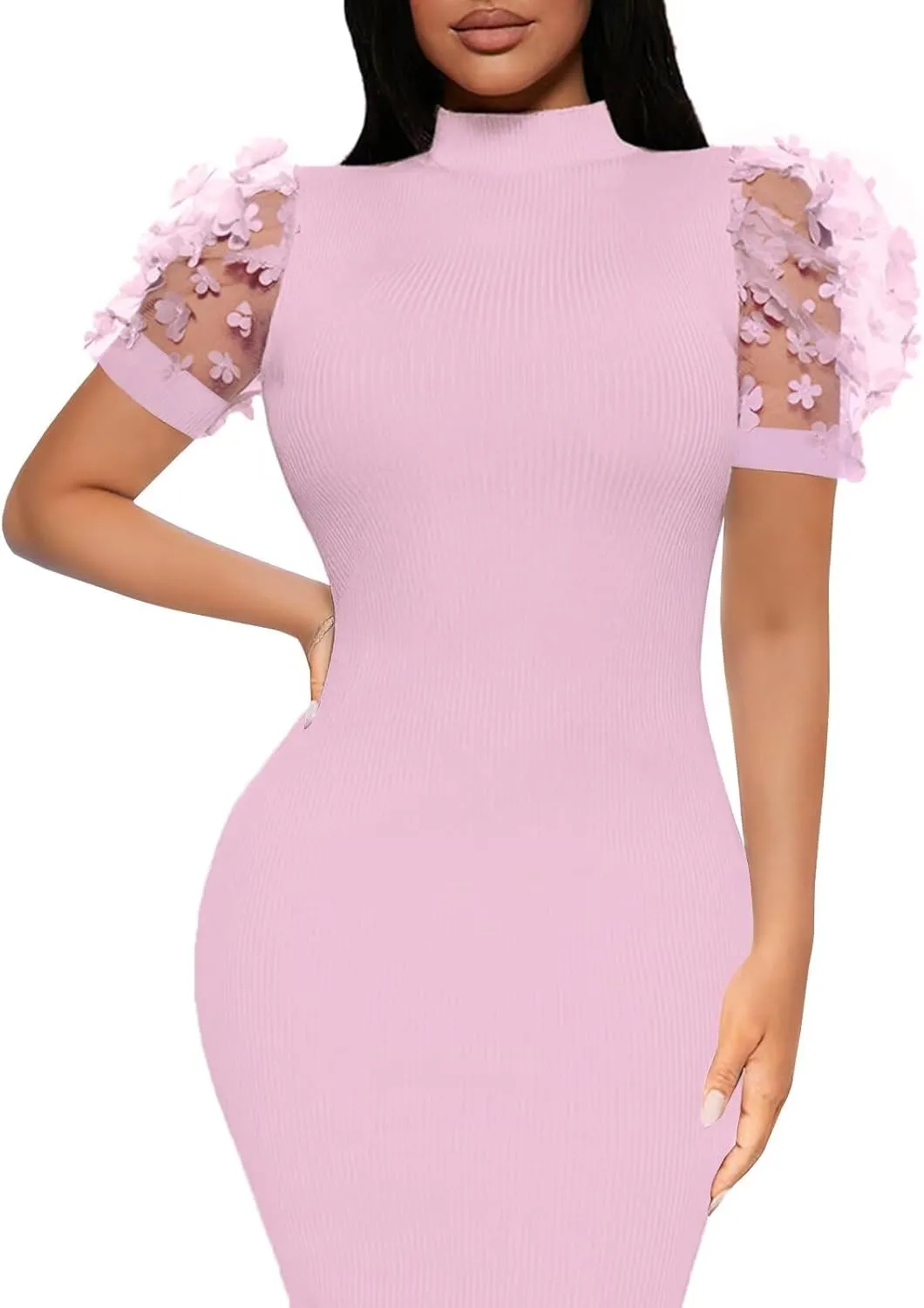 Annystore Women's Mesh See Through Sheer Dress Short Puff Sleeve Bodycon Dress Mock Neck Sexy Club Party Midi Dress Clubwear