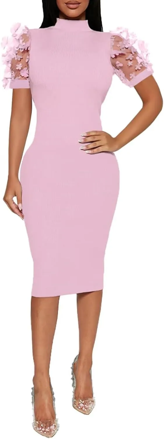 Annystore Women's Mesh See Through Sheer Dress Short Puff Sleeve Bodycon Dress Mock Neck Sexy Club Party Midi Dress Clubwear