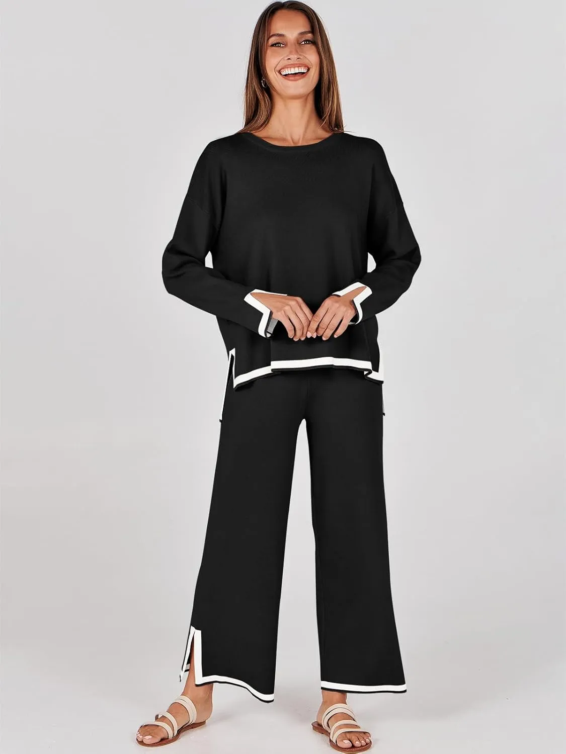 ANRABESS Women's Two Piece Outfits Knit Pullover Sweater Tops & Wide leg Pants Lounge Matching Sweatsuit Tracksuits Sets