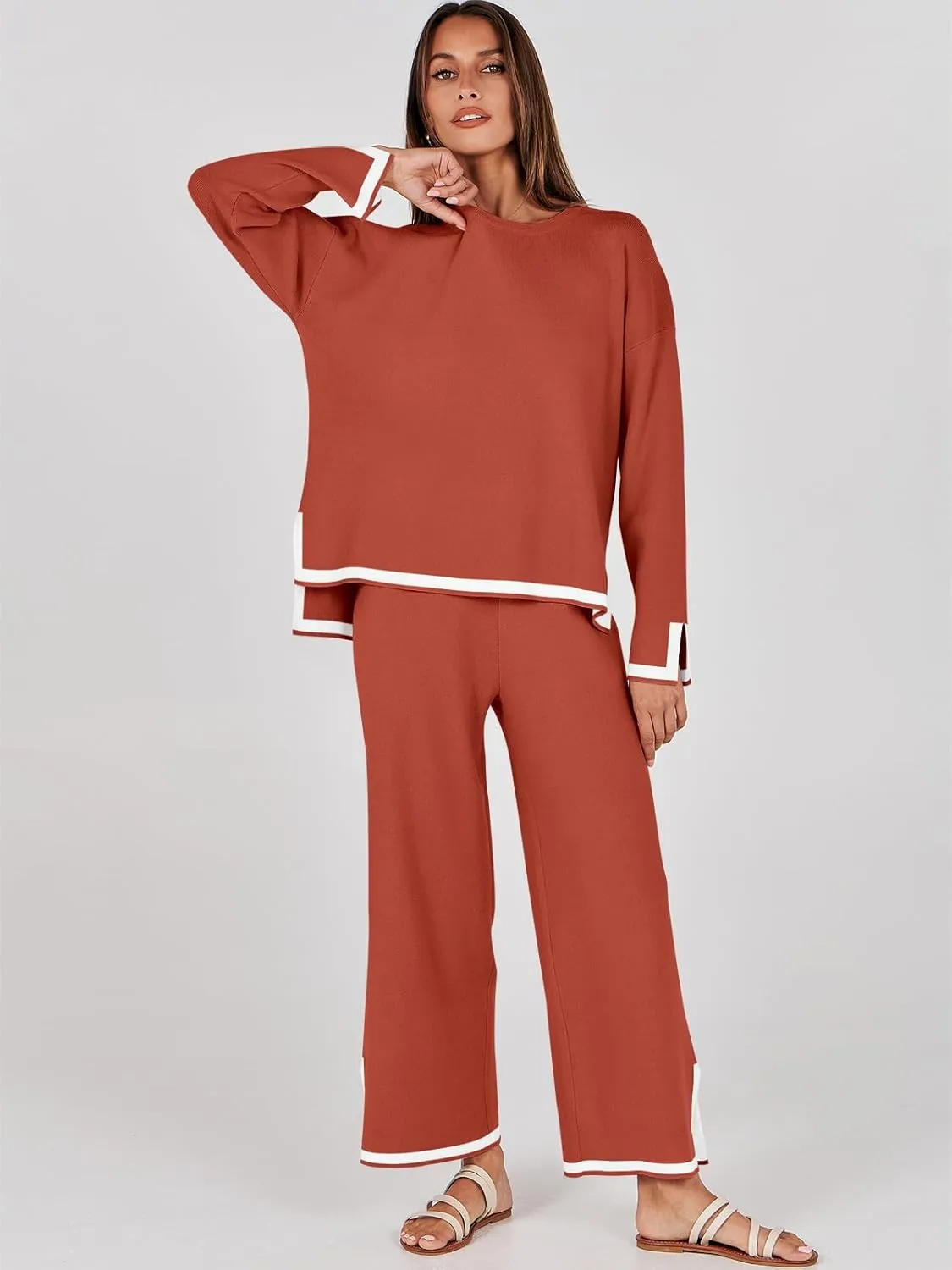 ANRABESS Women's Two Piece Outfits Knit Pullover Sweater Tops & Wide leg Pants Lounge Matching Sweatsuit Tracksuits Sets