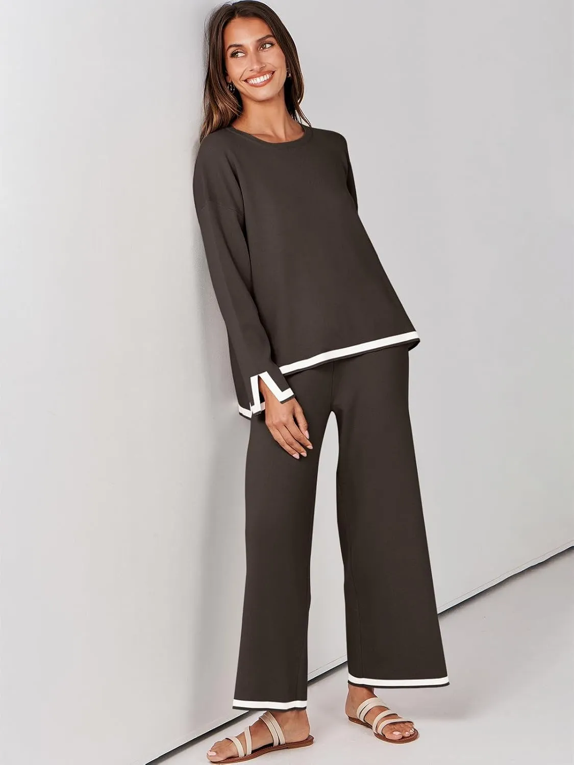 ANRABESS Women's Two Piece Outfits Knit Pullover Sweater Tops & Wide leg Pants Lounge Matching Sweatsuit Tracksuits Sets