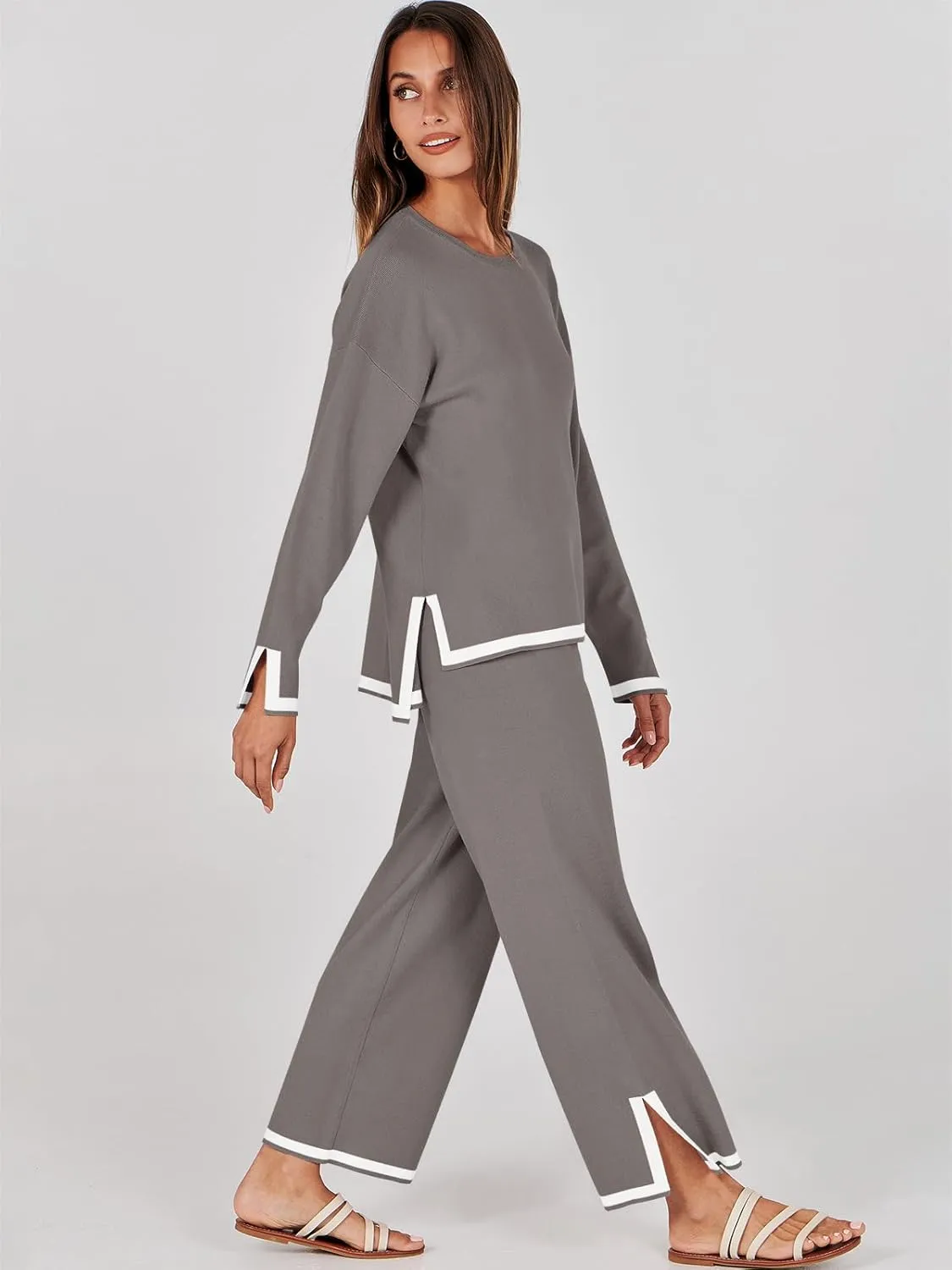 ANRABESS Women's Two Piece Outfits Knit Pullover Sweater Tops & Wide leg Pants Lounge Matching Sweatsuit Tracksuits Sets