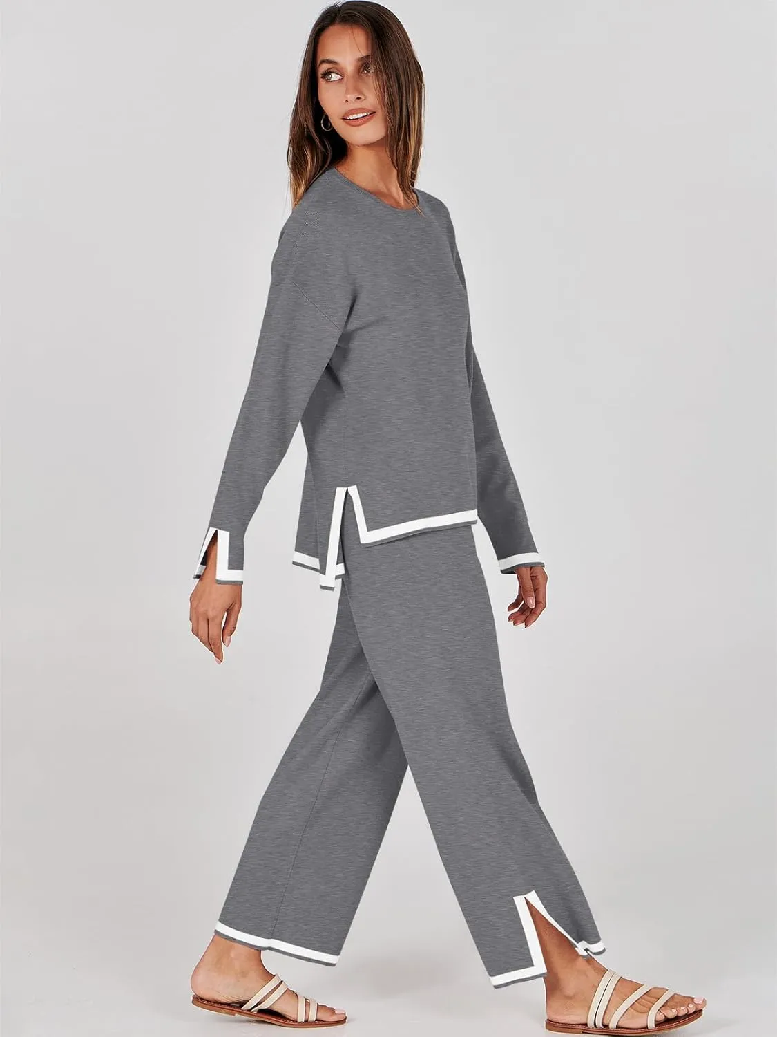 ANRABESS Women's Two Piece Outfits Knit Pullover Sweater Tops & Wide leg Pants Lounge Matching Sweatsuit Tracksuits Sets