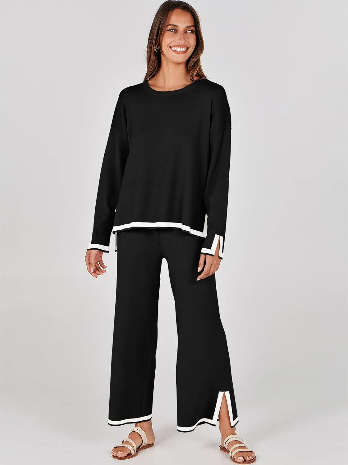 ANRABESS Women's Two Piece Outfits Knit Pullover Sweater Tops & Wide leg Pants Lounge Matching Sweatsuit Tracksuits Sets