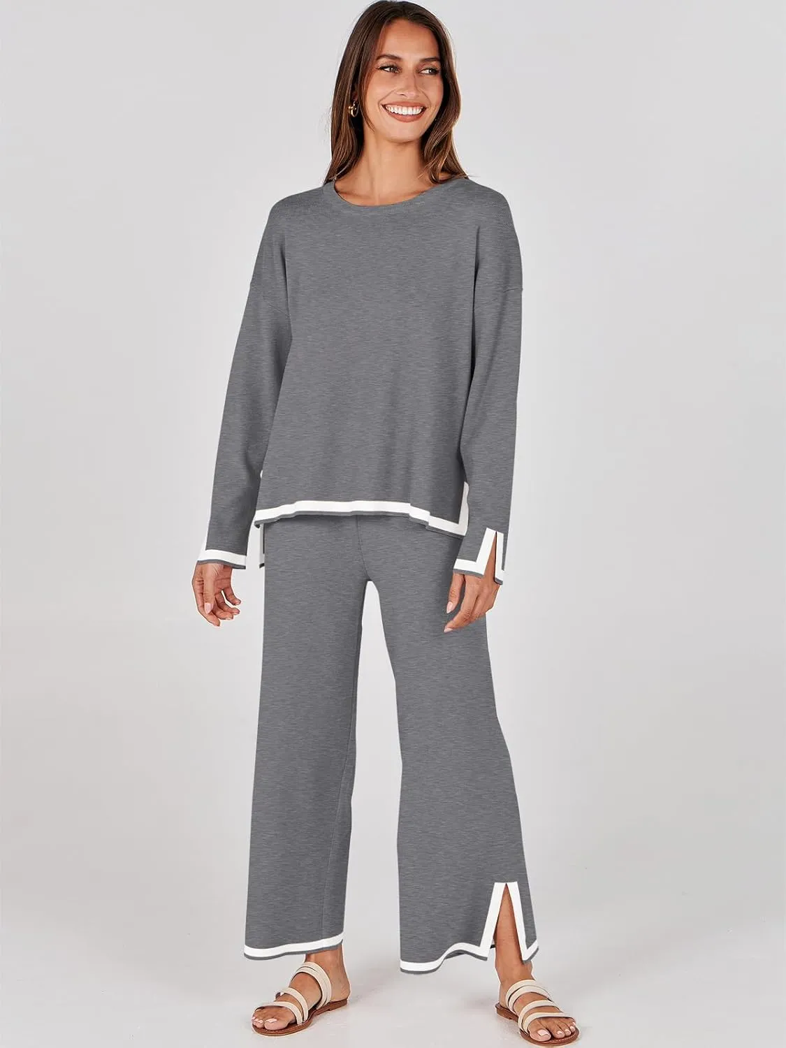 ANRABESS Women's Two Piece Outfits Knit Pullover Sweater Tops & Wide leg Pants Lounge Matching Sweatsuit Tracksuits Sets