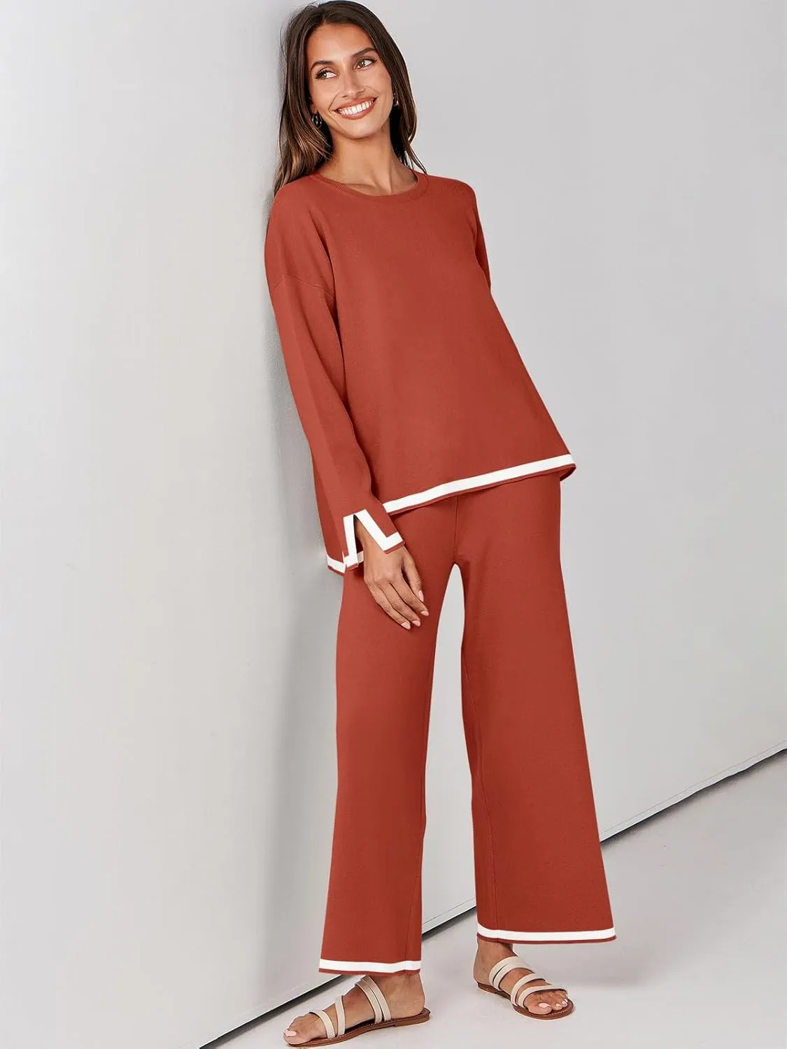ANRABESS Women's Two Piece Outfits Knit Pullover Sweater Tops & Wide leg Pants Lounge Matching Sweatsuit Tracksuits Sets