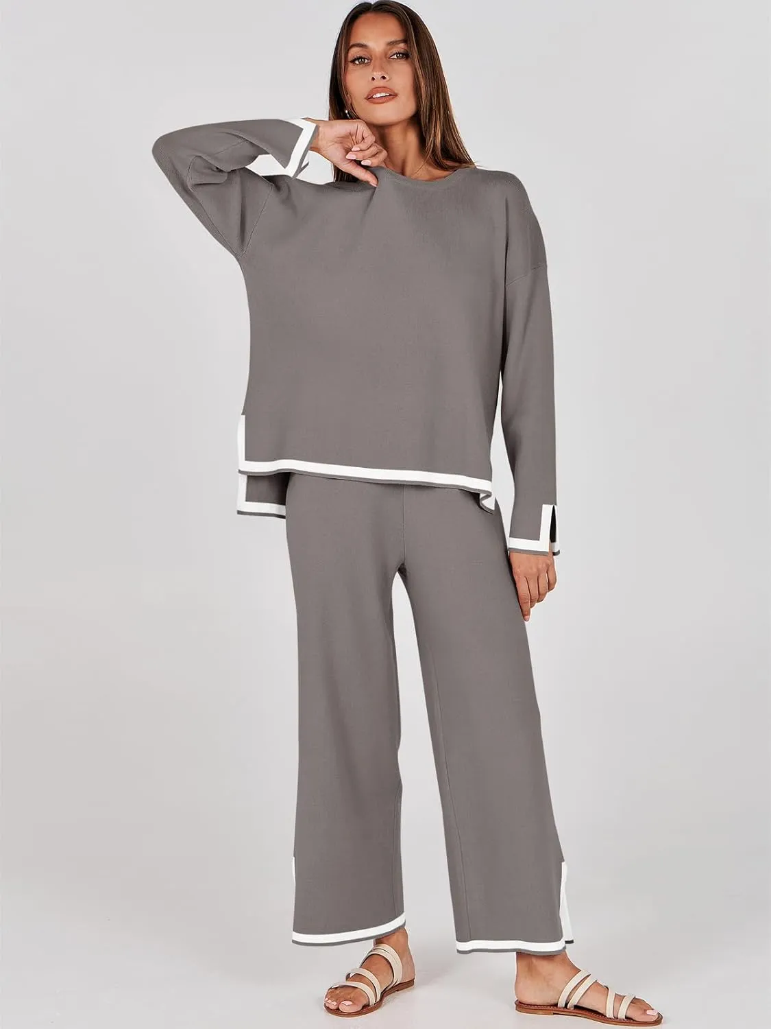 ANRABESS Women's Two Piece Outfits Knit Pullover Sweater Tops & Wide leg Pants Lounge Matching Sweatsuit Tracksuits Sets