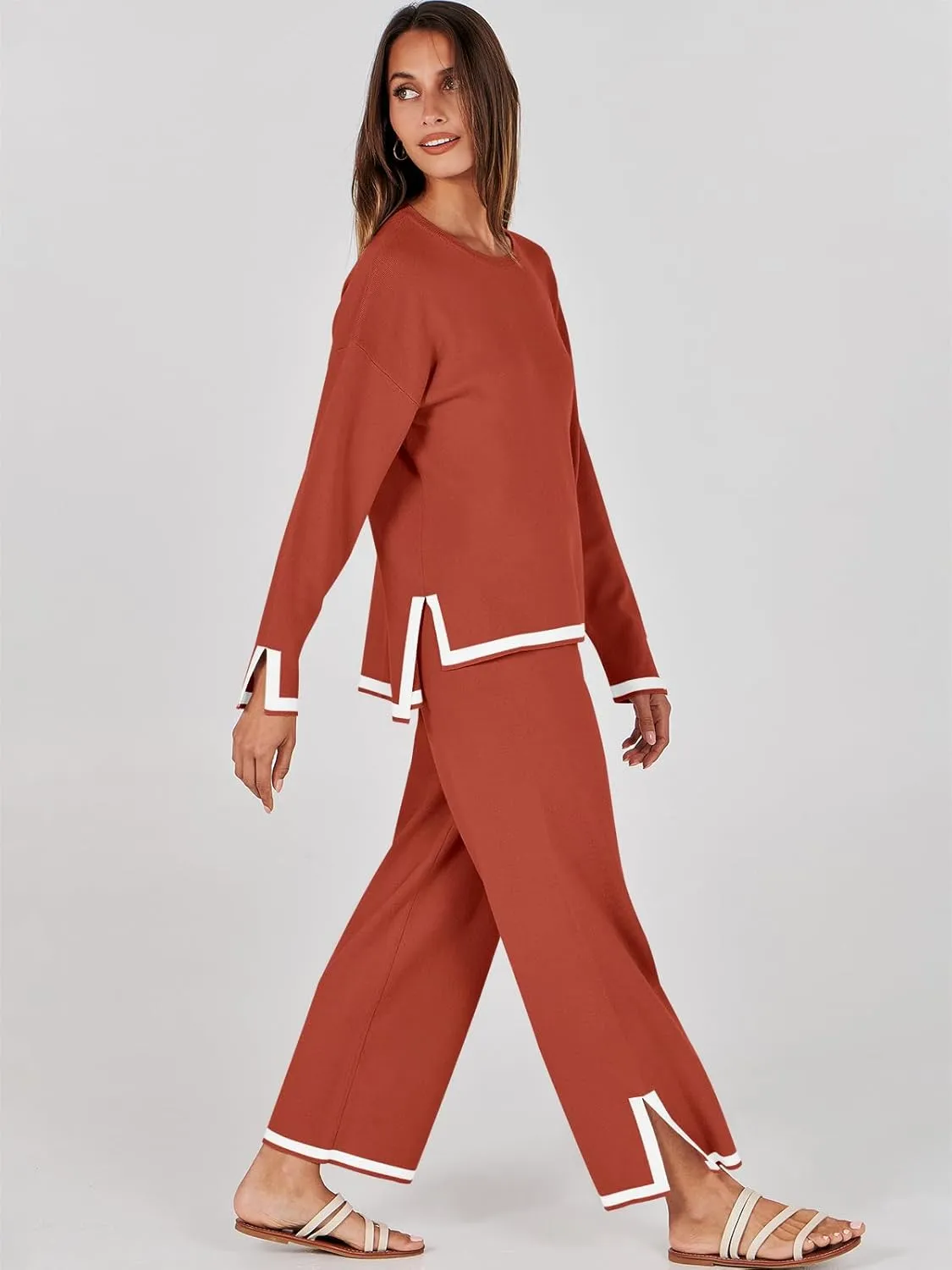 ANRABESS Women's Two Piece Outfits Knit Pullover Sweater Tops & Wide leg Pants Lounge Matching Sweatsuit Tracksuits Sets