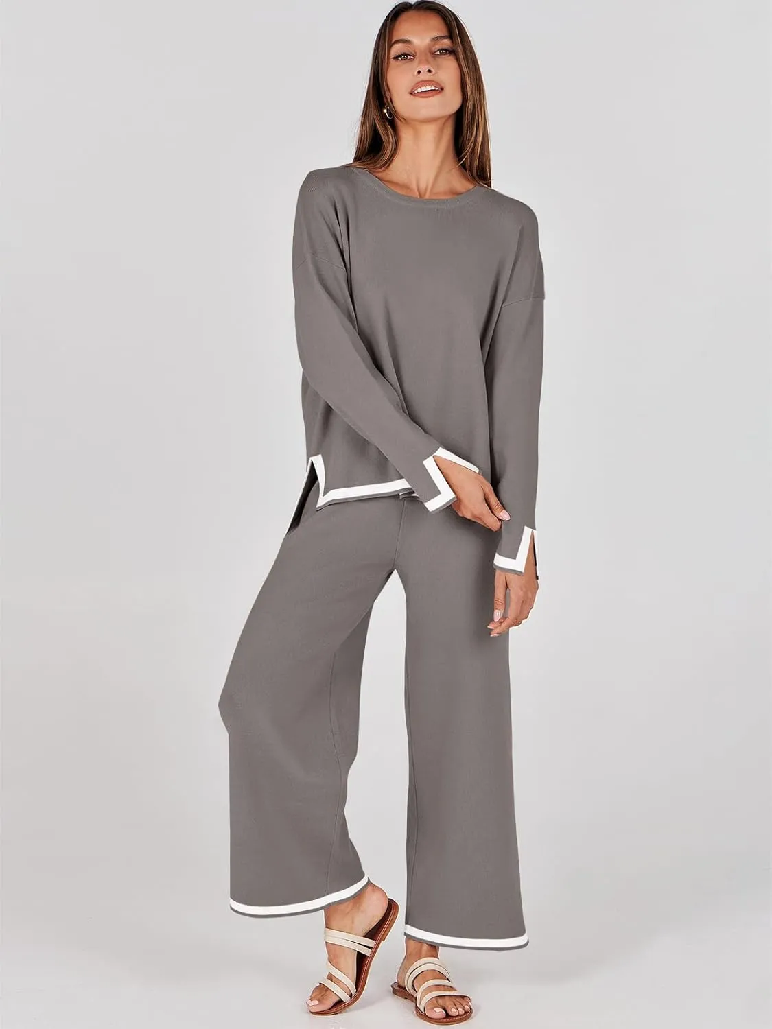 ANRABESS Women's Two Piece Outfits Knit Pullover Sweater Tops & Wide leg Pants Lounge Matching Sweatsuit Tracksuits Sets