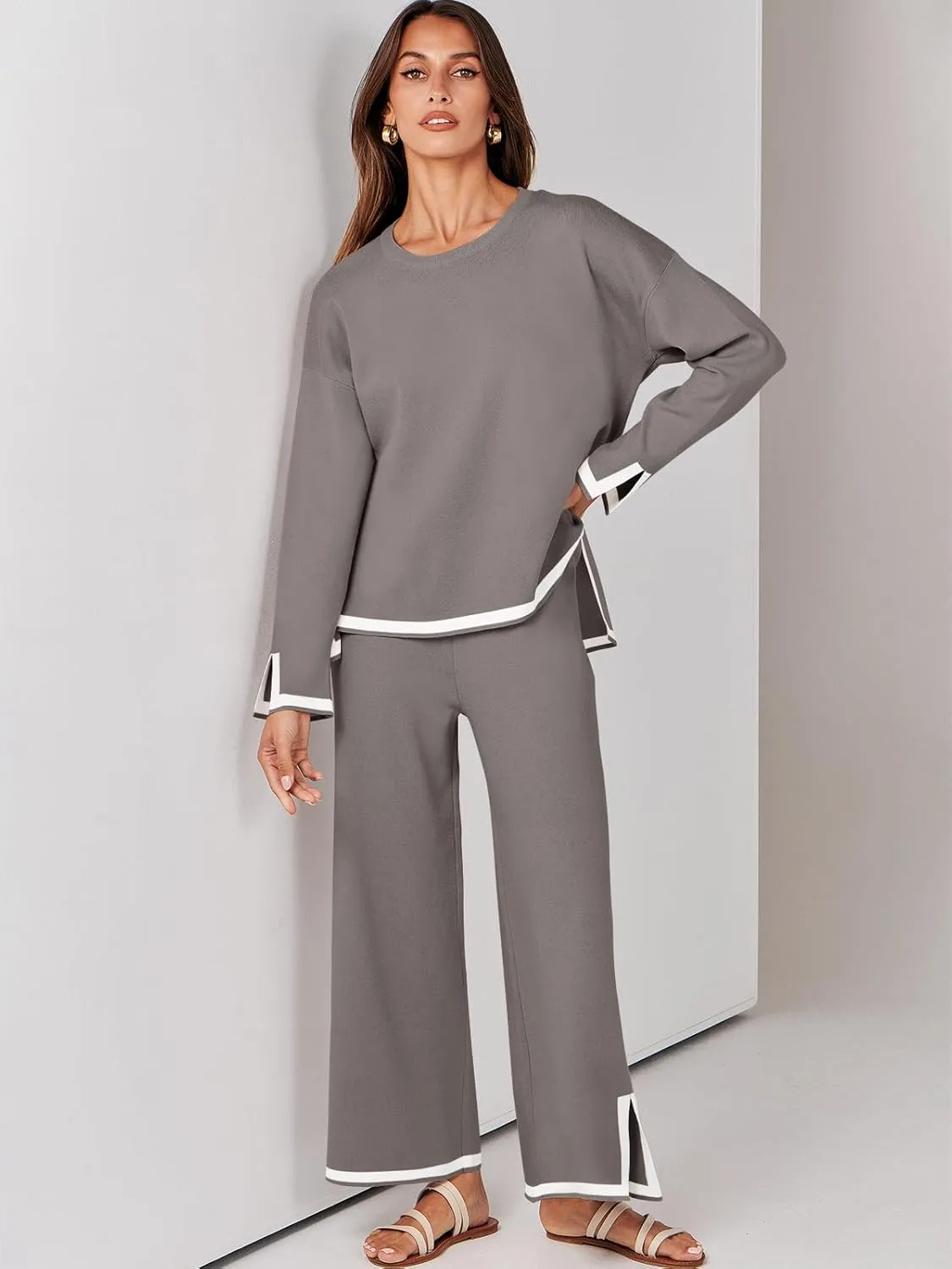 ANRABESS Women's Two Piece Outfits Knit Pullover Sweater Tops & Wide leg Pants Lounge Matching Sweatsuit Tracksuits Sets