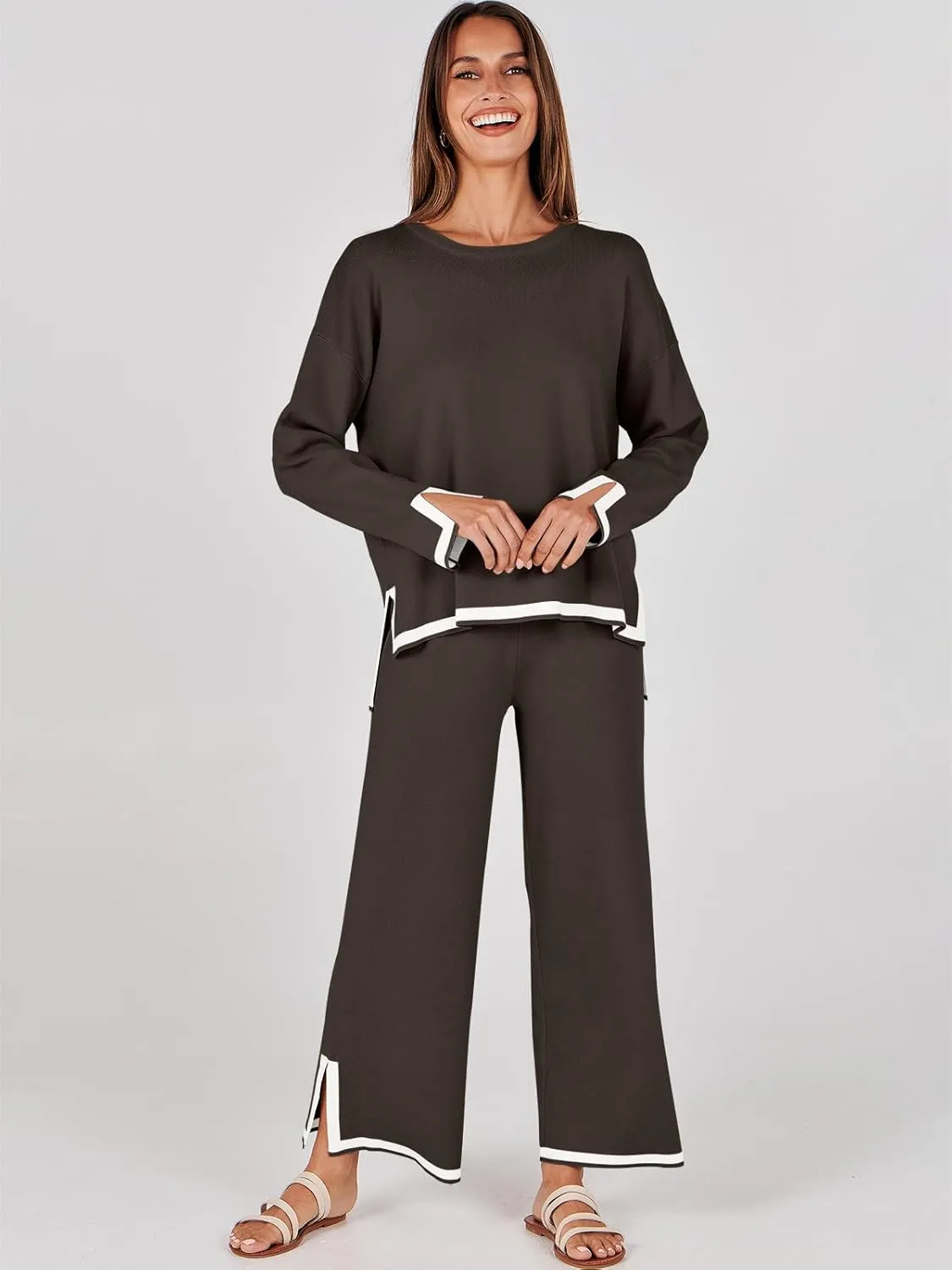 ANRABESS Women's Two Piece Outfits Knit Pullover Sweater Tops & Wide leg Pants Lounge Matching Sweatsuit Tracksuits Sets