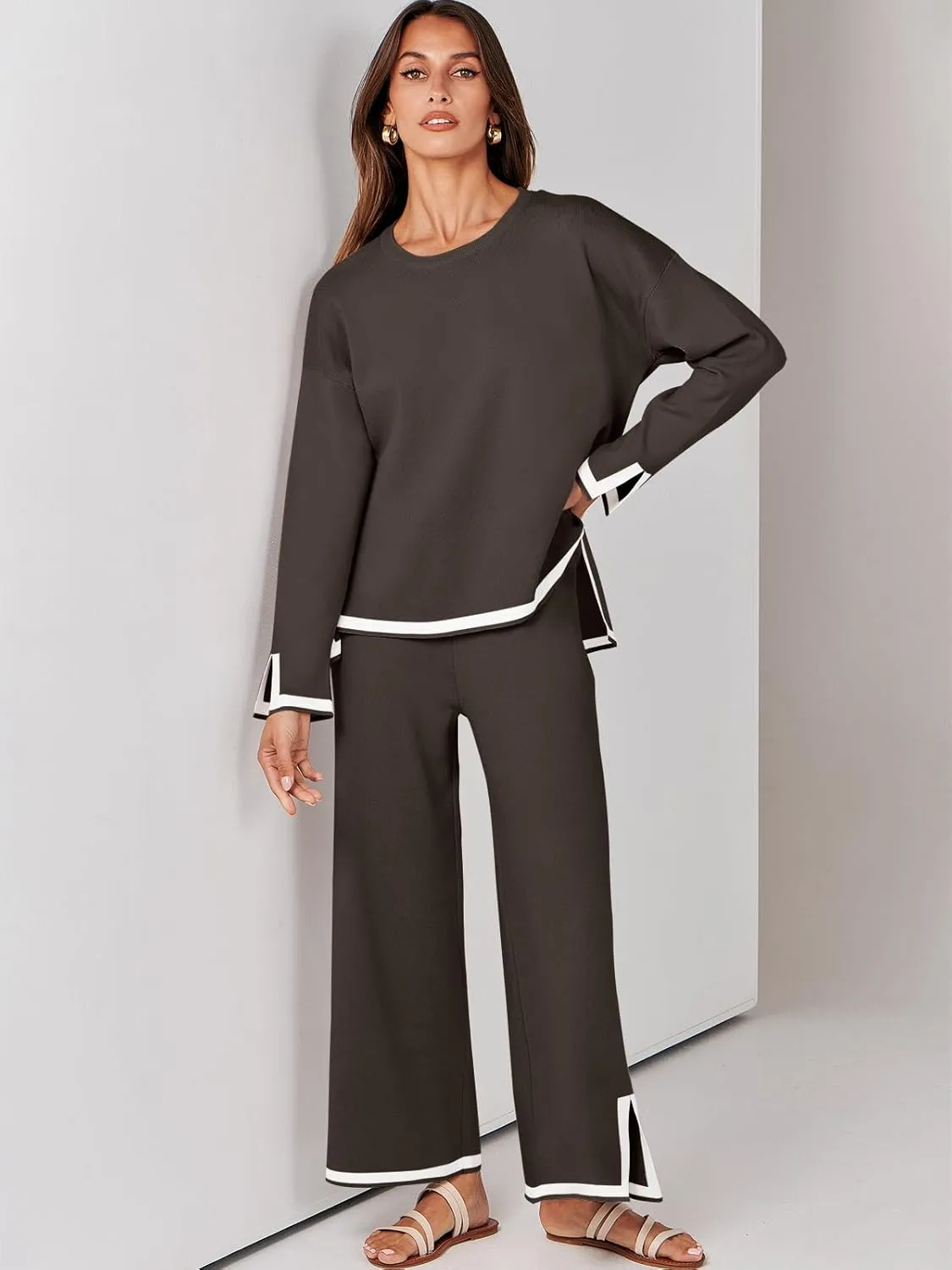ANRABESS Women's Two Piece Outfits Knit Pullover Sweater Tops & Wide leg Pants Lounge Matching Sweatsuit Tracksuits Sets