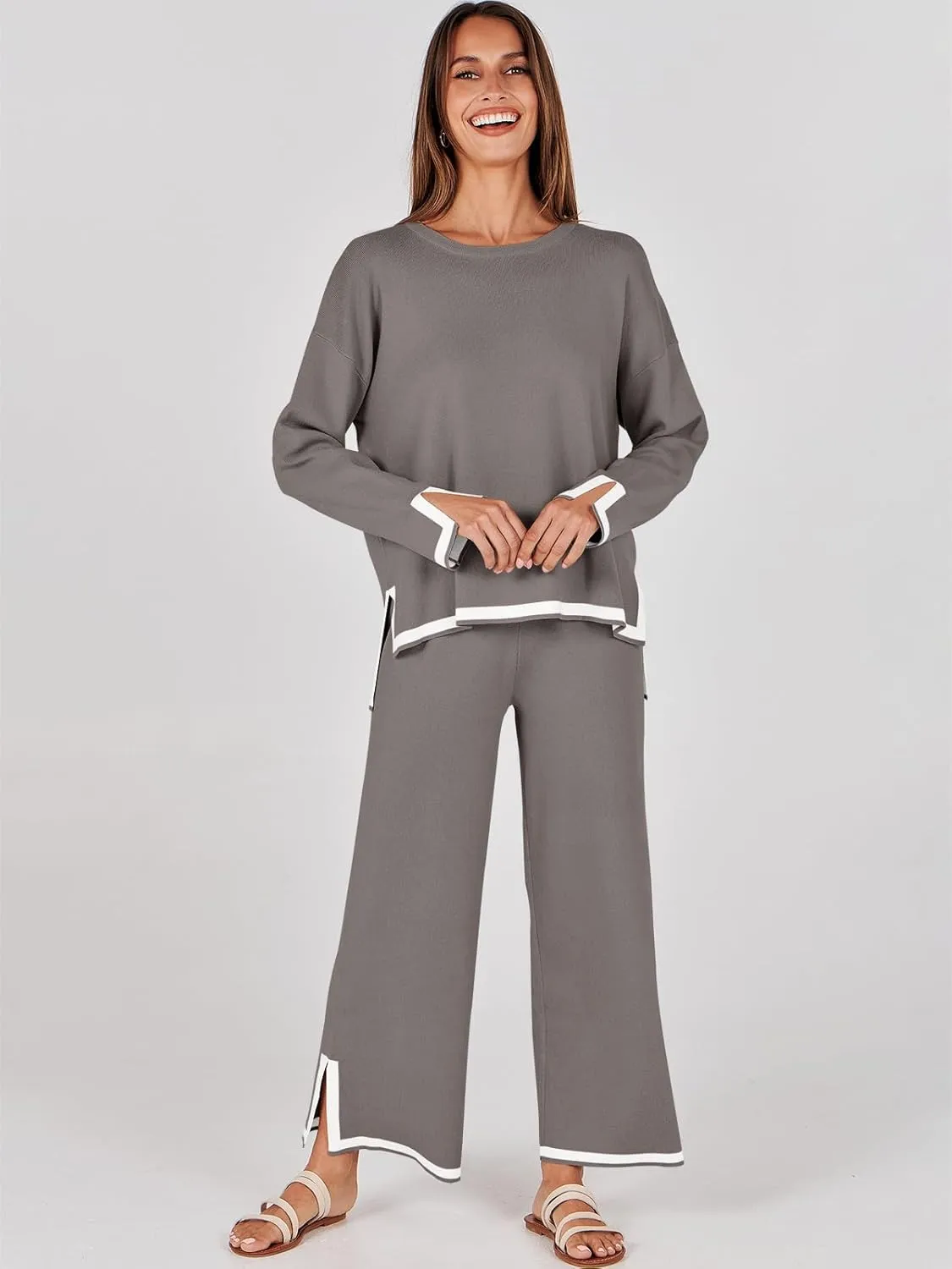 ANRABESS Women's Two Piece Outfits Knit Pullover Sweater Tops & Wide leg Pants Lounge Matching Sweatsuit Tracksuits Sets