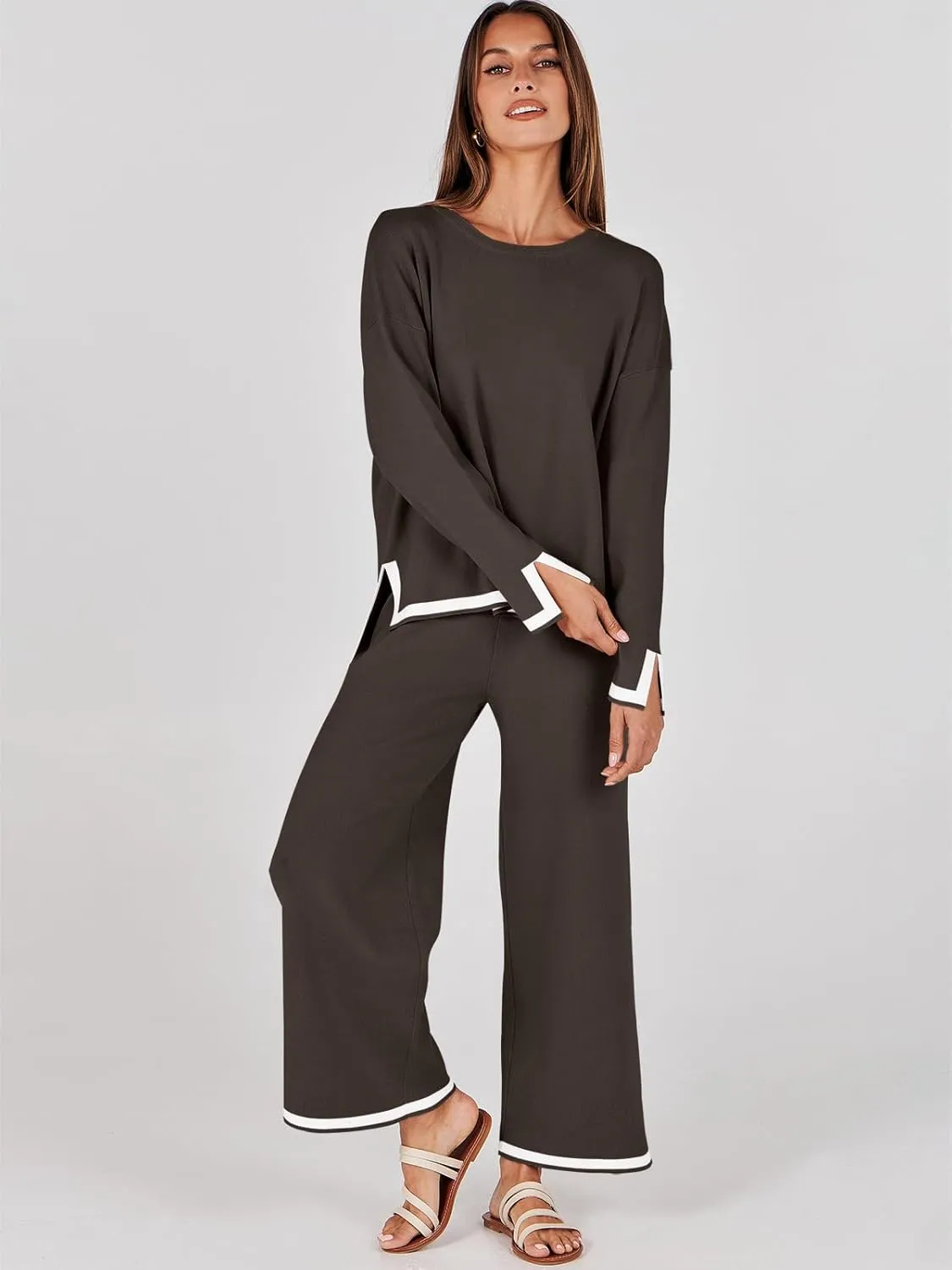 ANRABESS Women's Two Piece Outfits Knit Pullover Sweater Tops & Wide leg Pants Lounge Matching Sweatsuit Tracksuits Sets